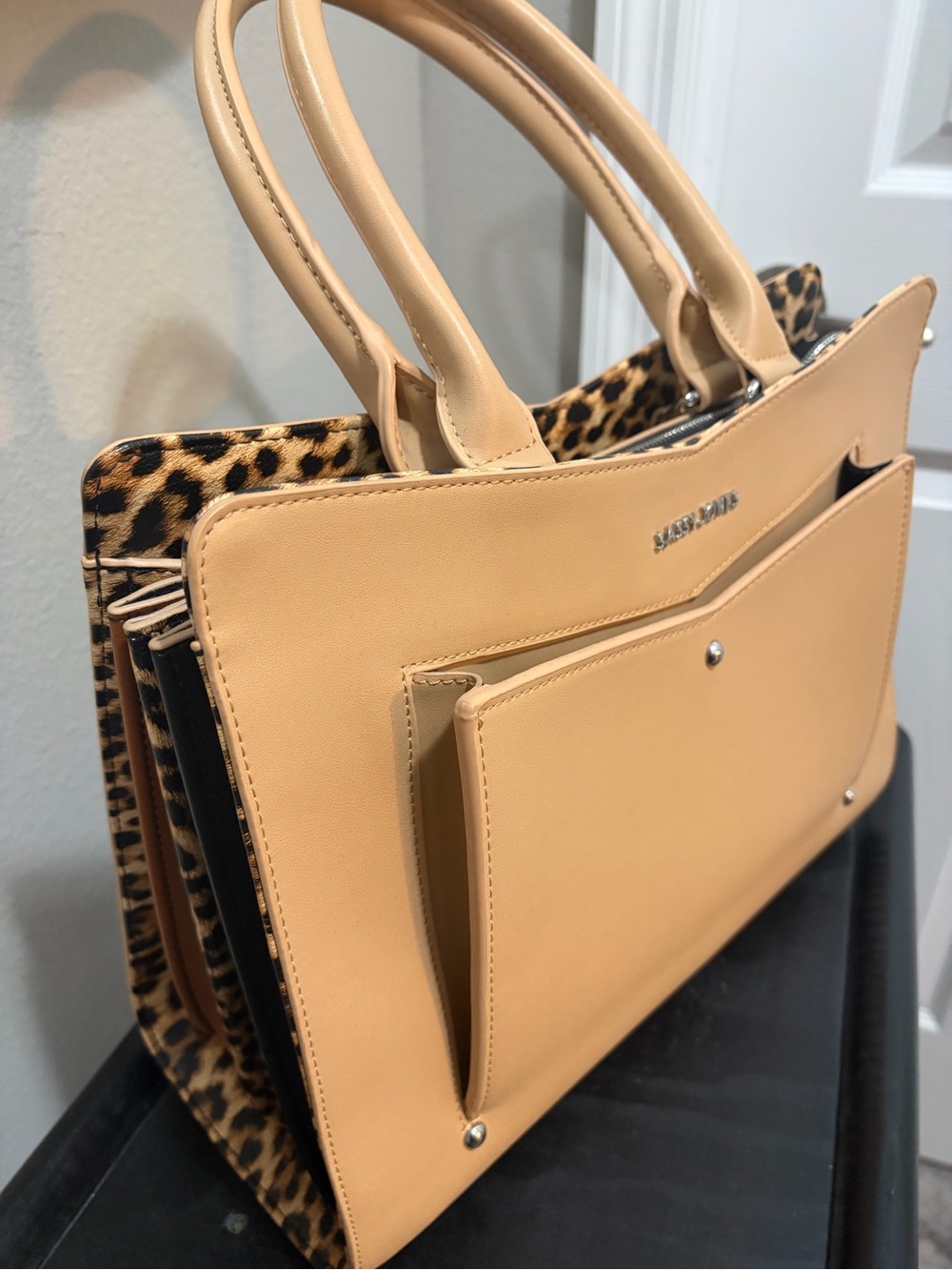 Sassy Jones Beige Satchel with Leopard Panels